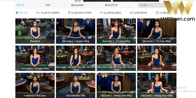 Các sòng bạc hiện có tại sảnh cá cược Casino online W88