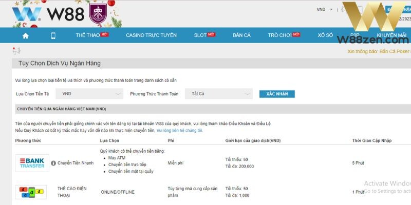 Nạp tiền thành công qua tài khoản ngân hàng của nhà cái W88